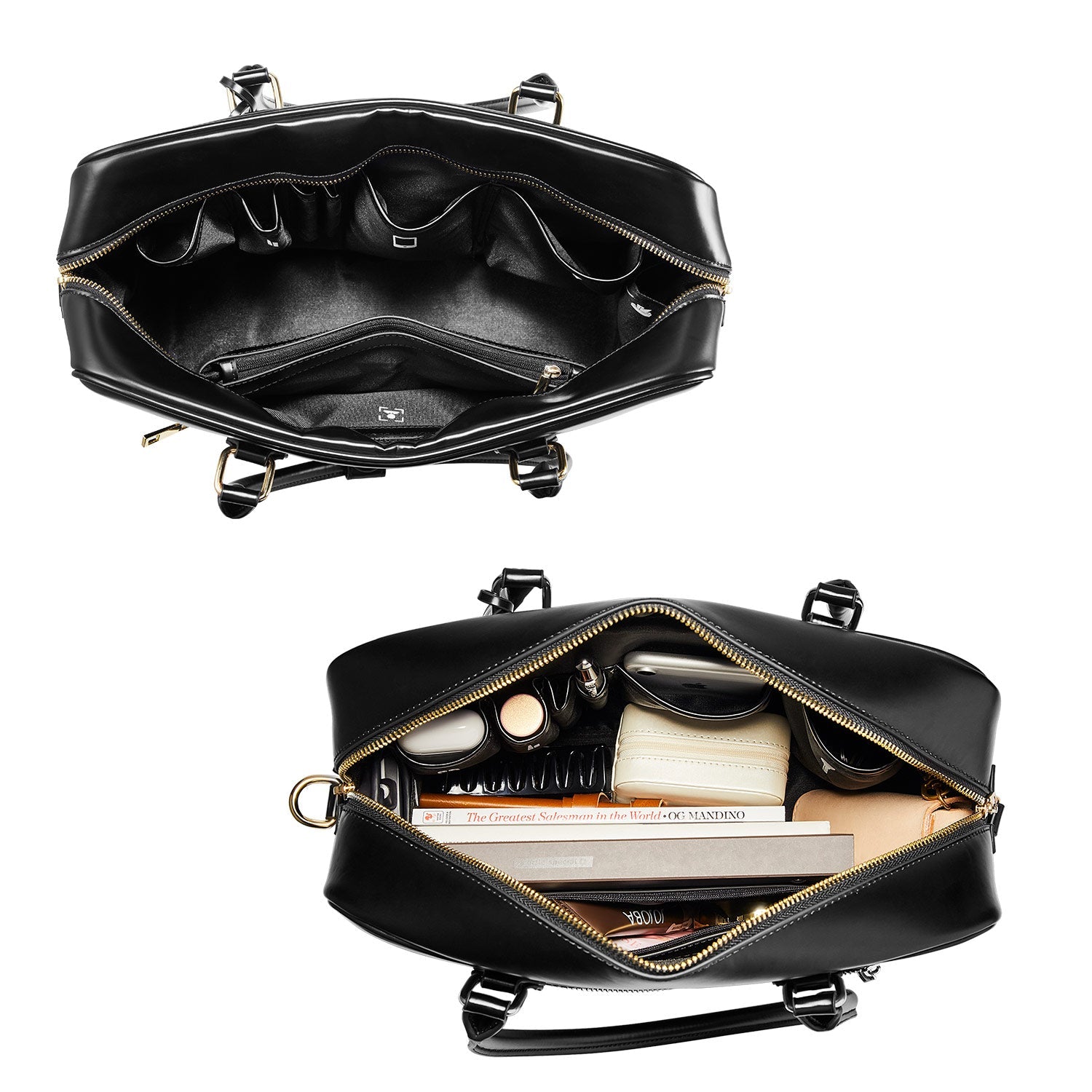 Victoria Hyde Margaret large black work bag with 13" laptop compartment, removable cosmetic pouch, vegan, water-repellent, smart interior.