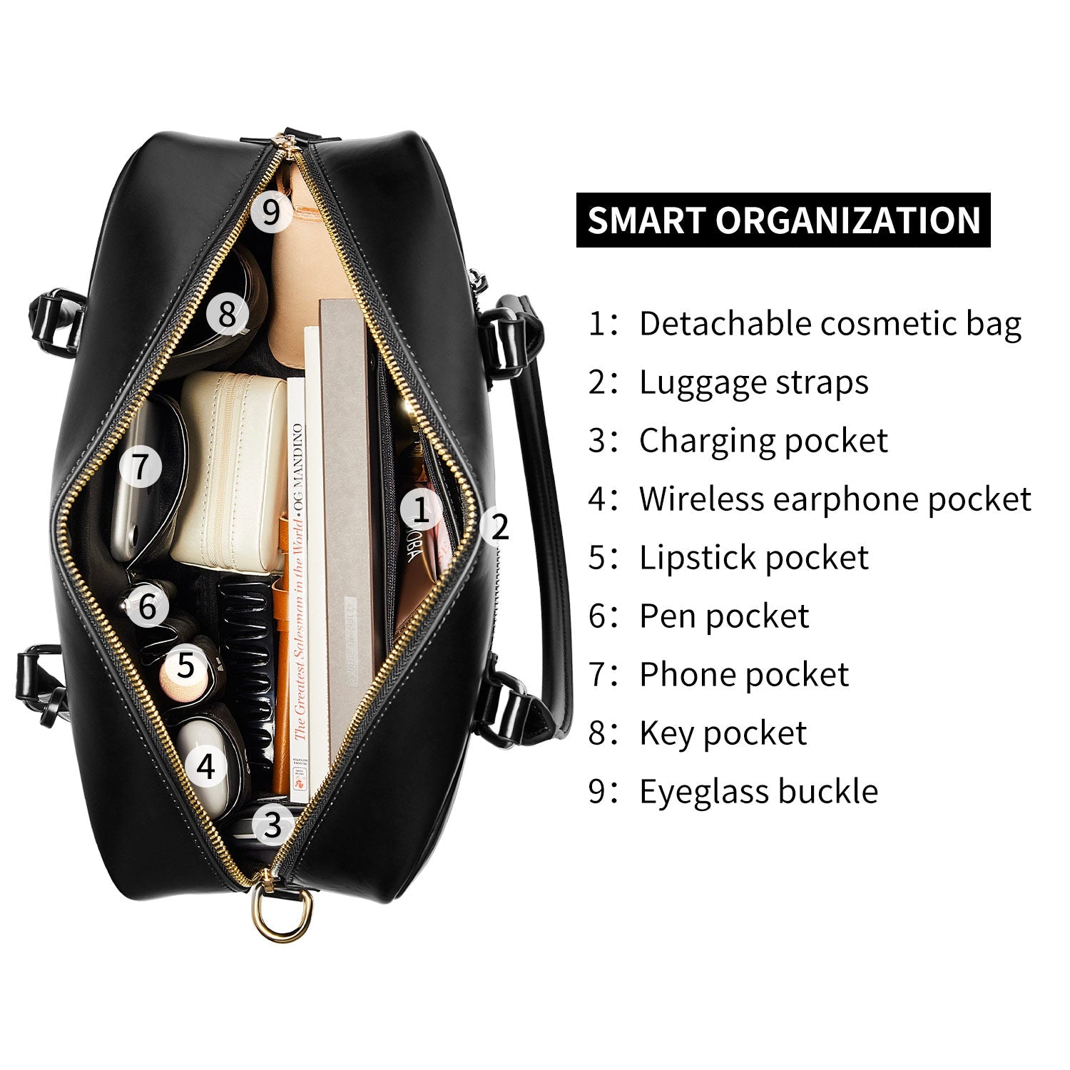 Victoria Hyde Margaret large black work bag with 13" laptop compartment, removable cosmetic pouch, vegan, water-repellent, smart interior.
