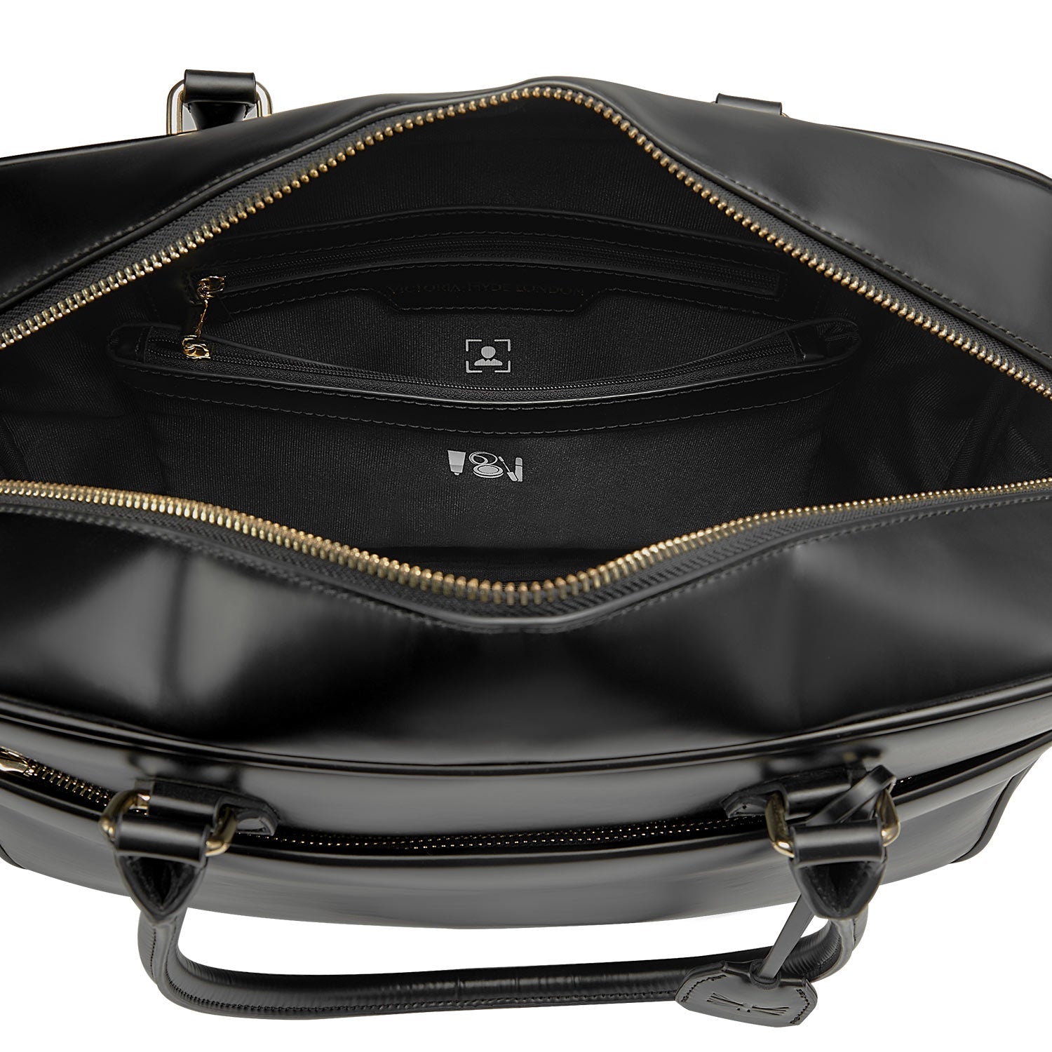 Victoria Hyde Margaret large black work bag with 13" laptop compartment, removable cosmetic pouch, vegan, water-repellent, smart interior.