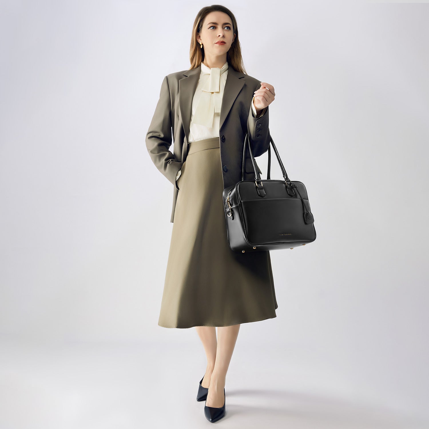 Victoria Hyde Margaret large black work bag with 13" laptop compartment, removable cosmetic pouch, vegan, water-repellent, smart interior.