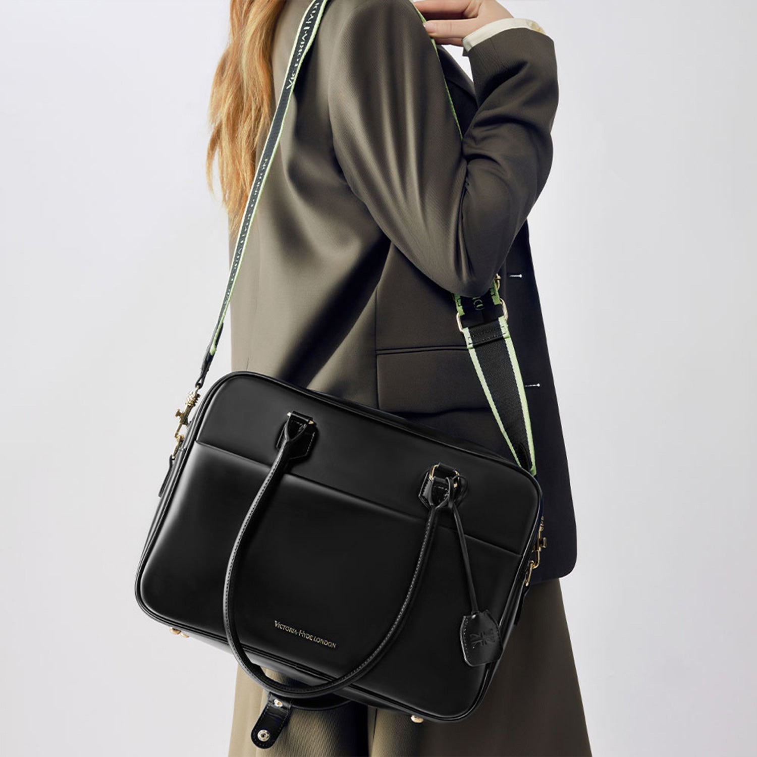 Victoria Hyde Margaret large black work bag with 13" laptop compartment, removable cosmetic pouch, vegan, water-repellent, smart interior.